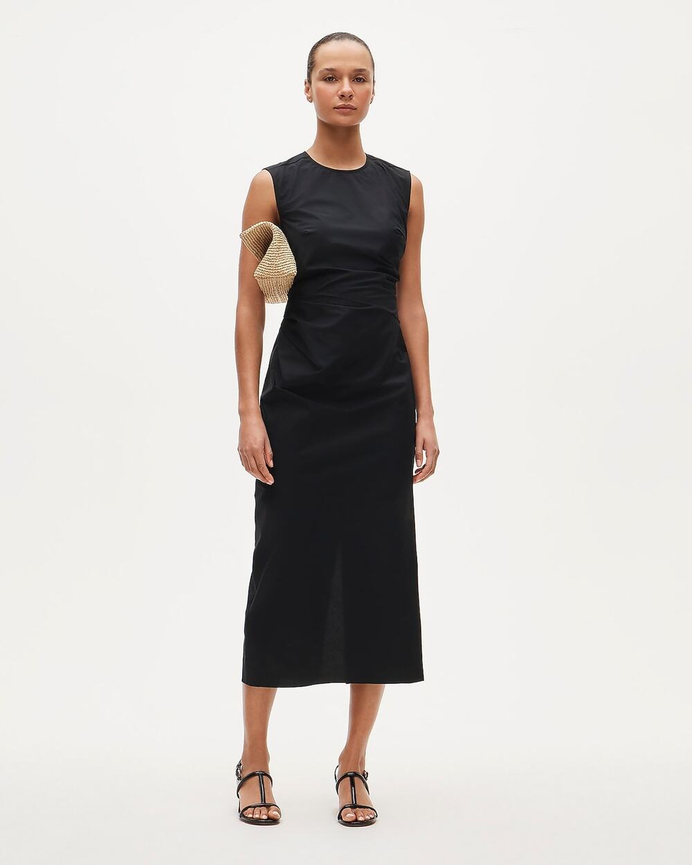 J.Crew Ruched Old Money Black Midi Dress Stretch Cotton Blend Poplin 4